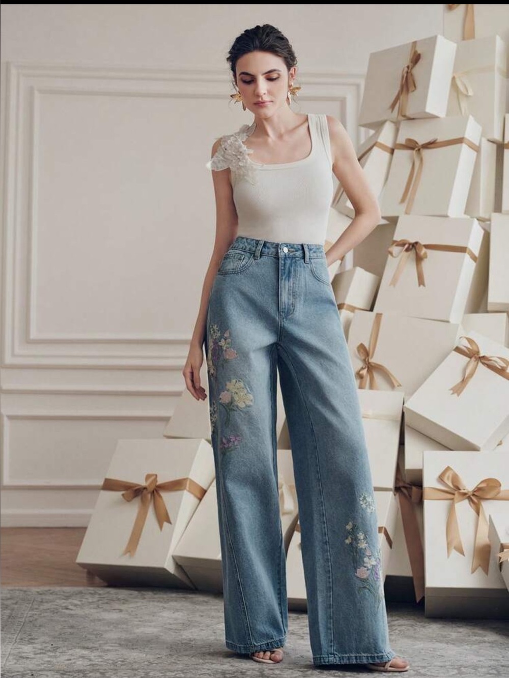 Anewsta Women's Romantic Embroidered Blue Straight Leg Jeans